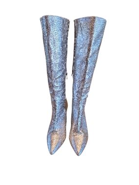 Silver Crocodile Print Knee-High Pointed Toe Heeled Boots